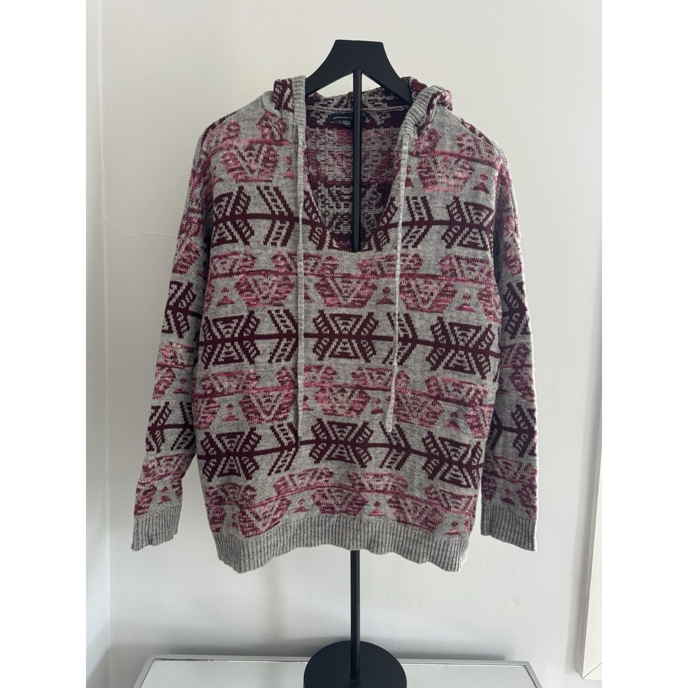 American Eagle Aztec Western Knit Hooded Sweater‎ Gray Burgundy Size S Cabincore